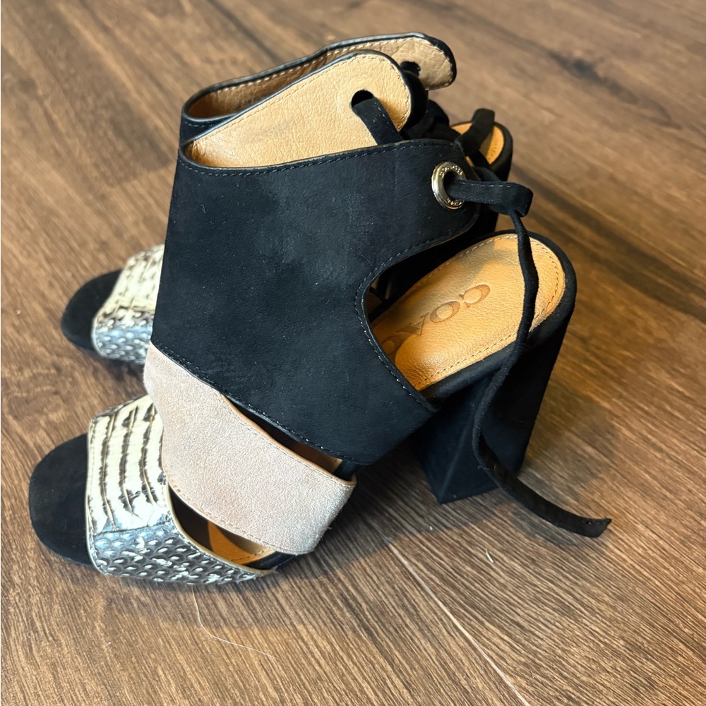 Coach Black, Beige & Metallic Block Heel Lace-Up Sandals